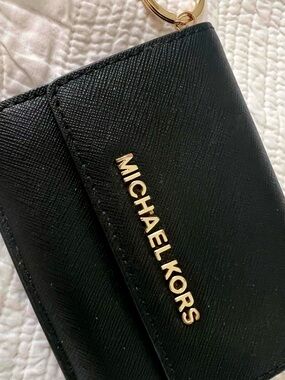 Michael Kors Black Leather Card Holder with Gold Logo Keyring